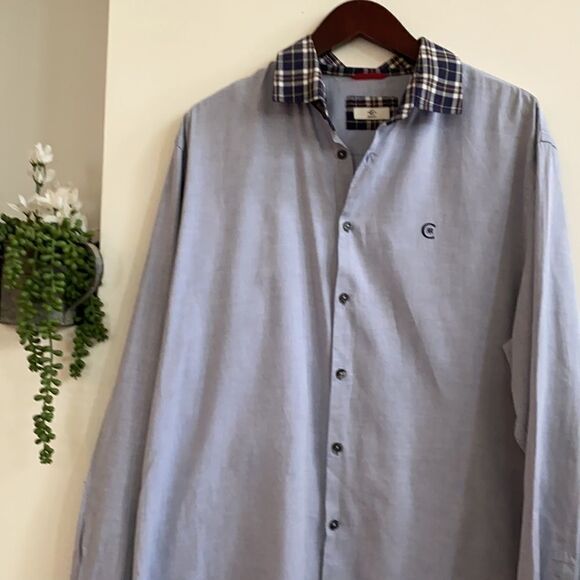 Cerruti Cotton Chambray Blue Plaid Collar Shirt XL - Picture 3 of 12